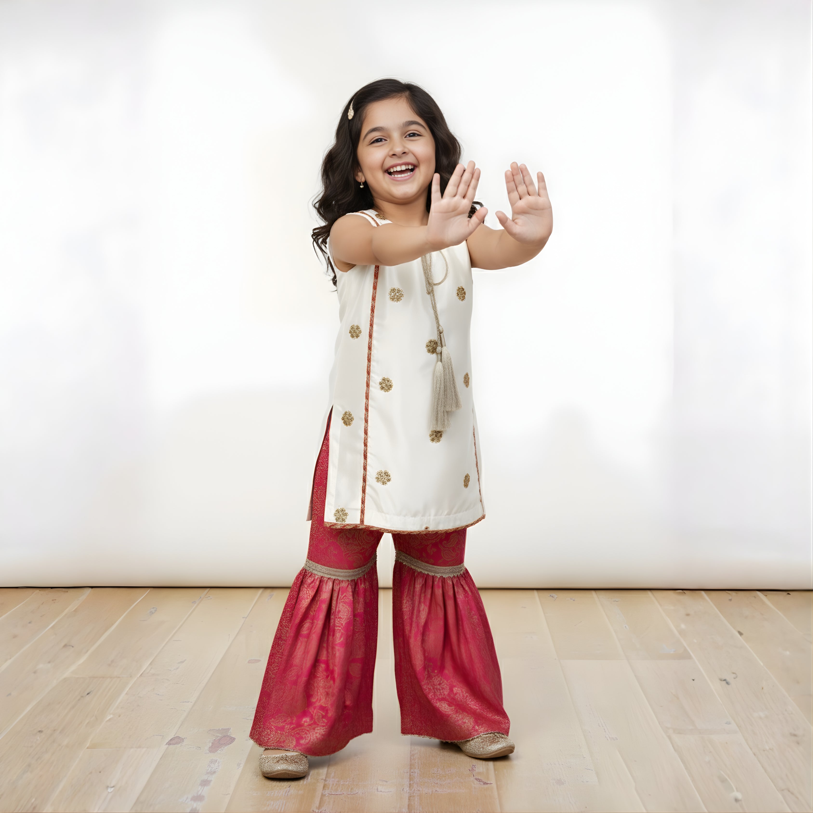 3-piece Gharara set, Shisha Silk and luxurious Jamawar.