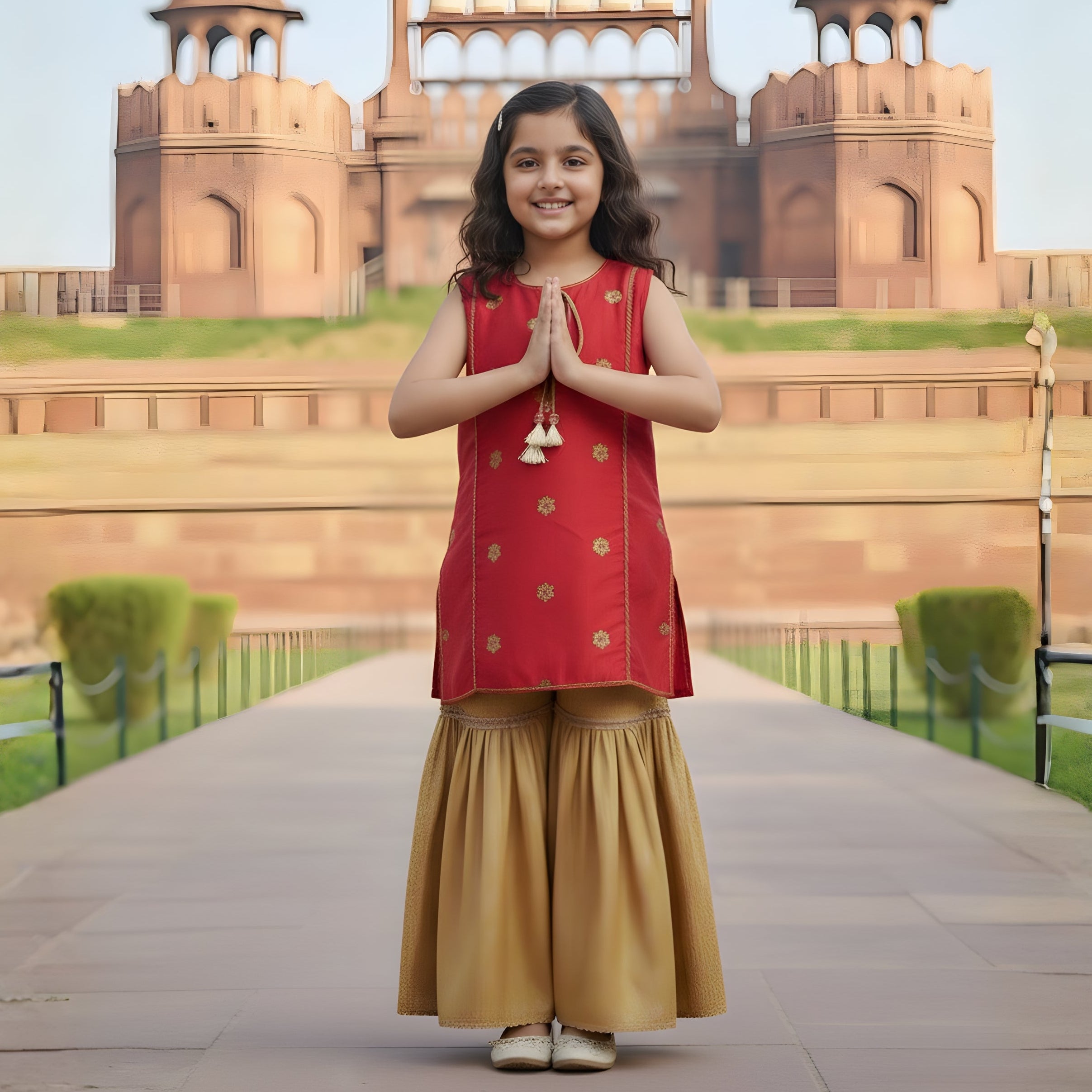 3-piece Gharara set, premium Shisha Silk and Jamawar.