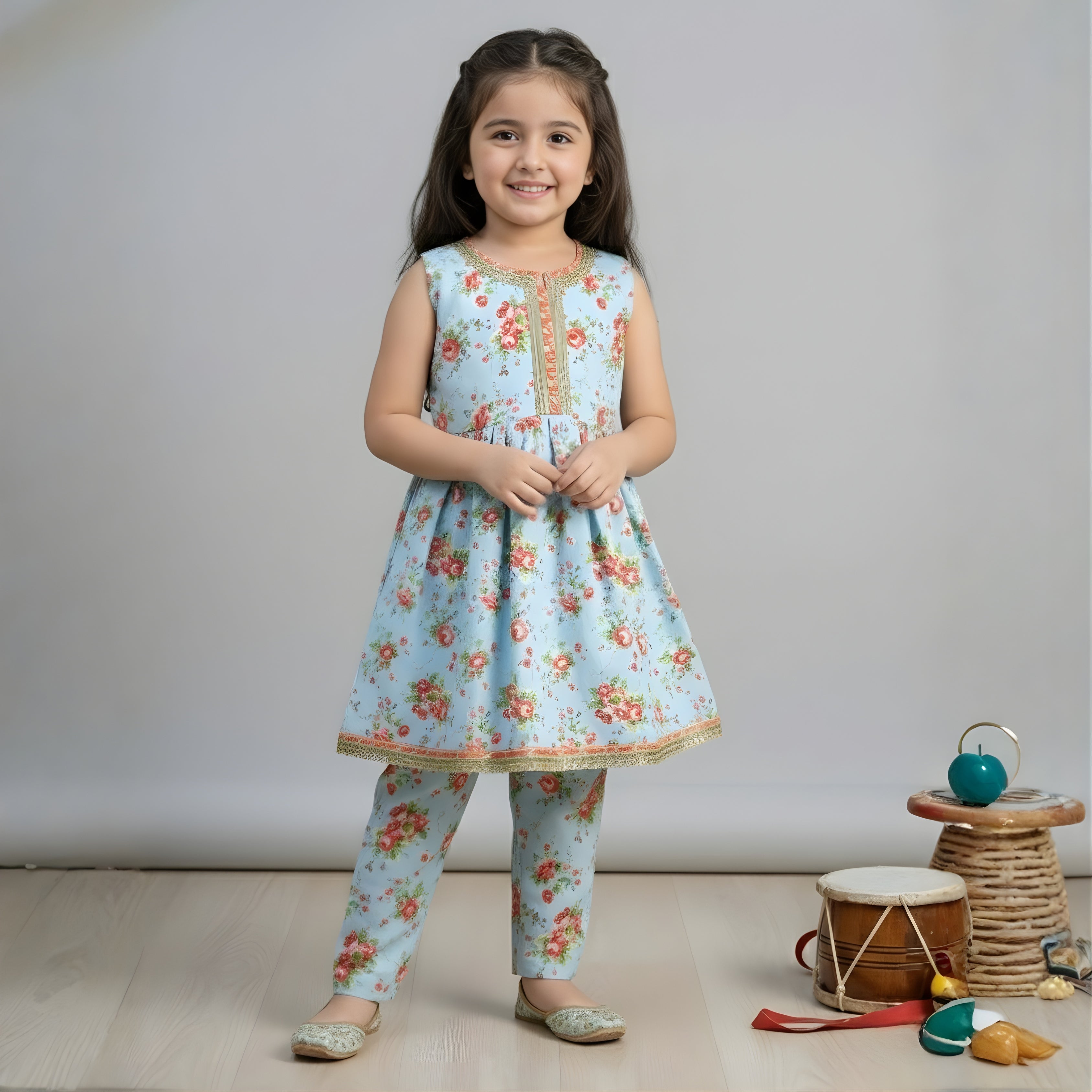 PASTEL BLUE FLORAL SWISS LAWN FROCK SET