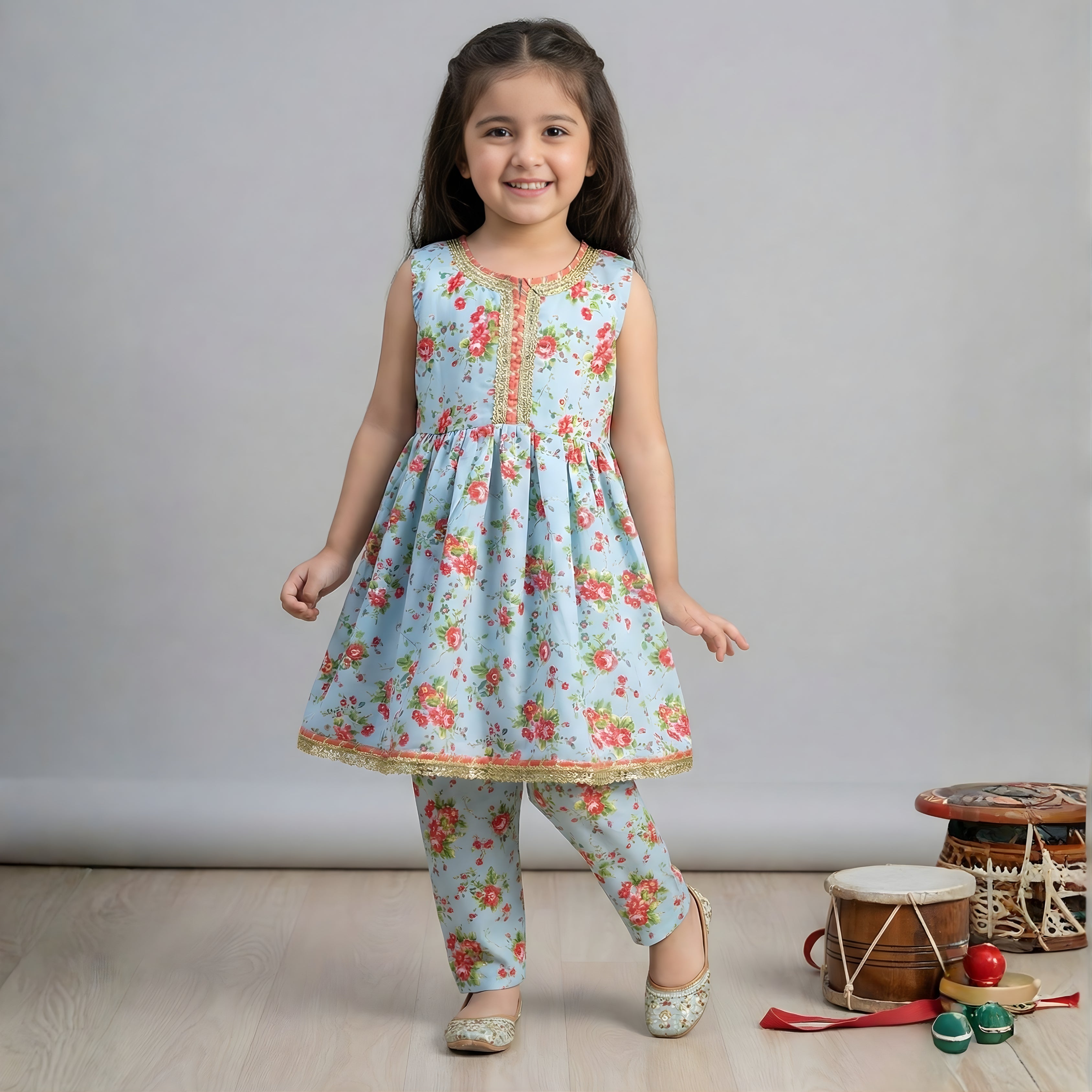 PASTEL BLUE FLORAL SWISS LAWN FROCK SET