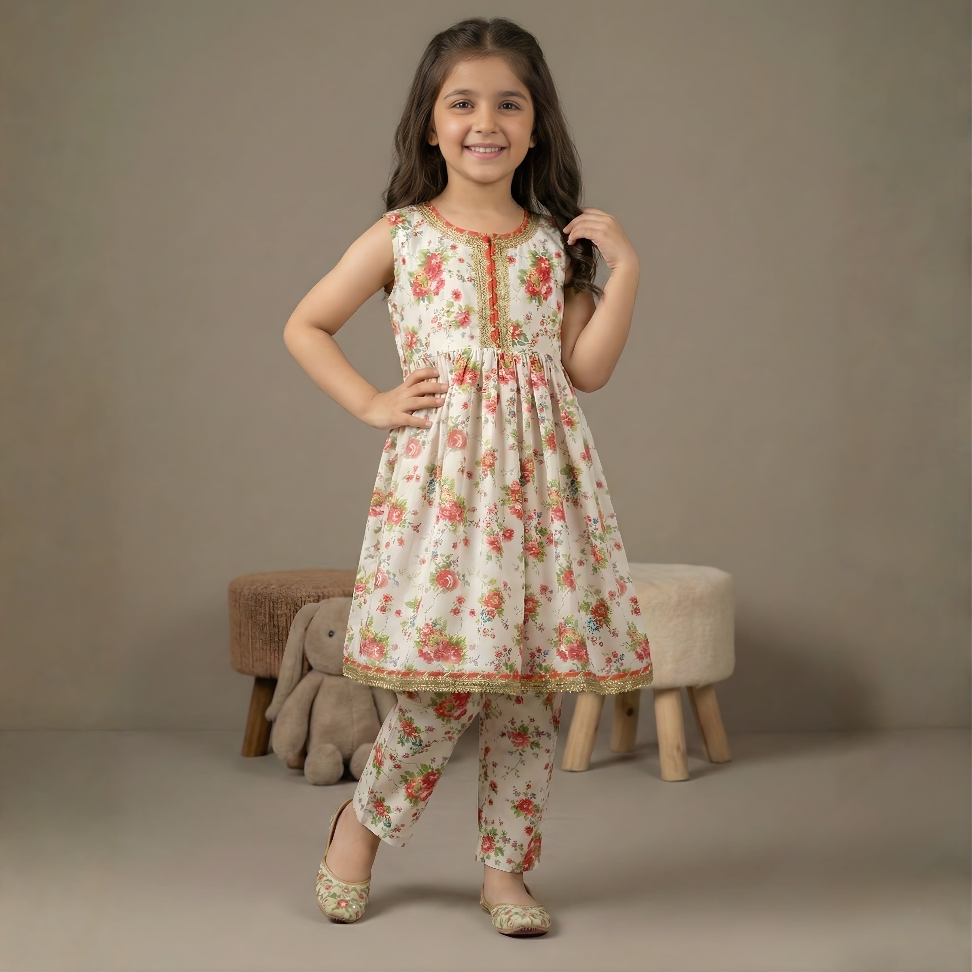 WHITE FLORAL SWISS LAWN FROCK SET