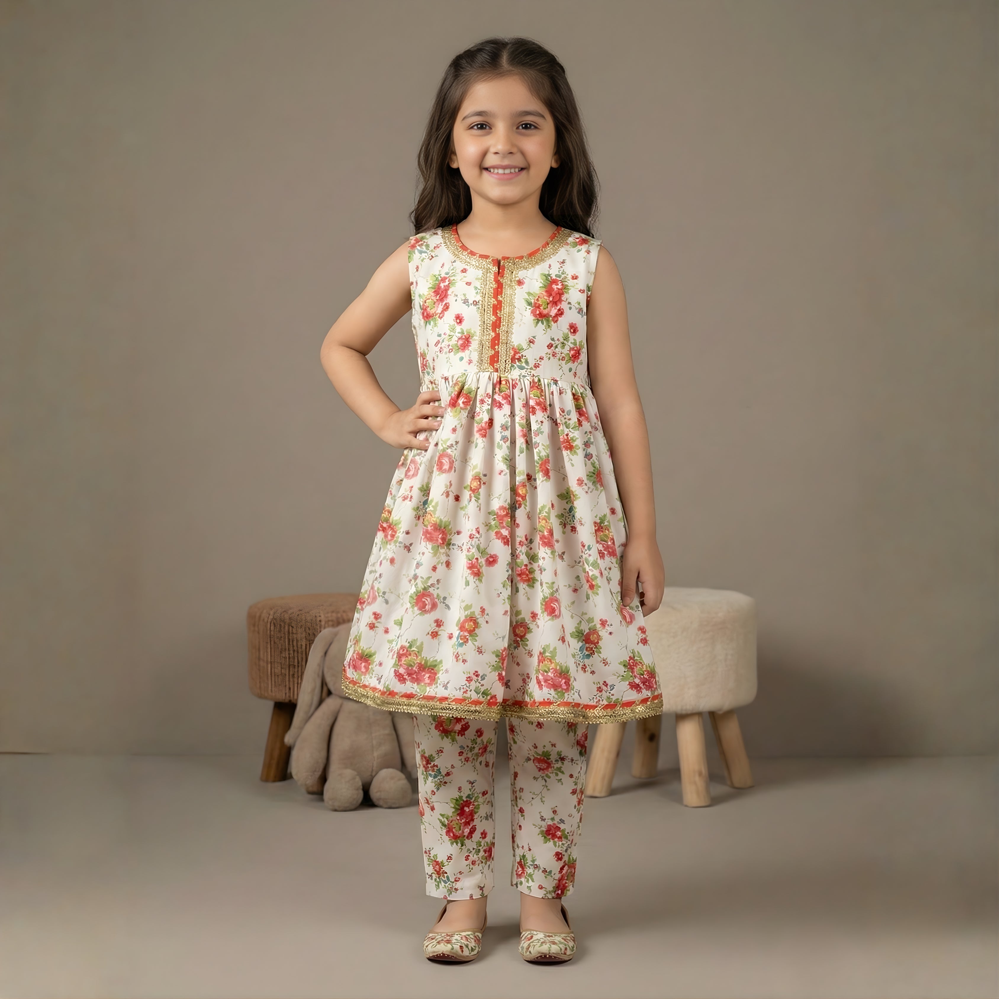 WHITE FLORAL SWISS LAWN FROCK SET