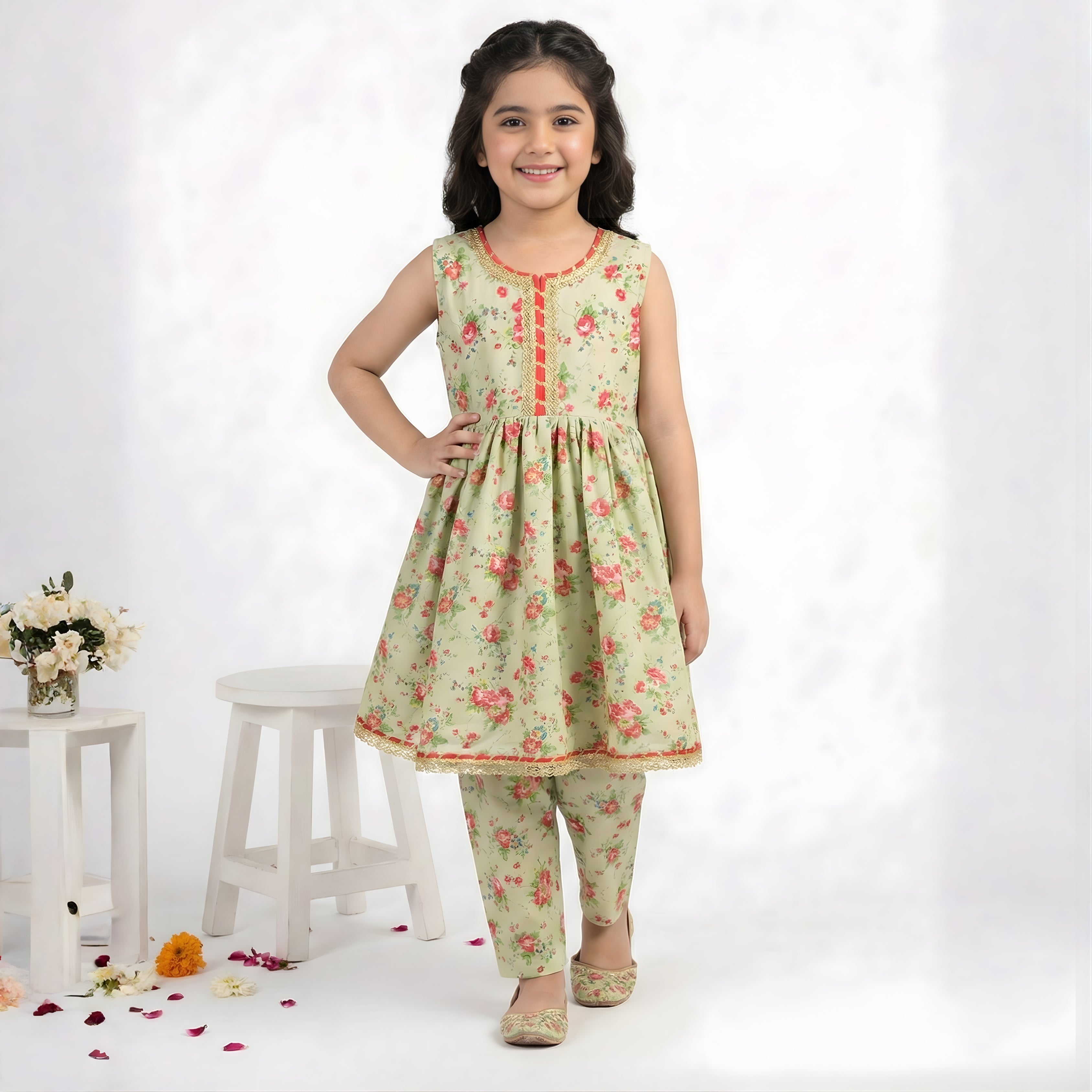 PISTA GREEN FLORAL SWISS LAWN FROCK SET
