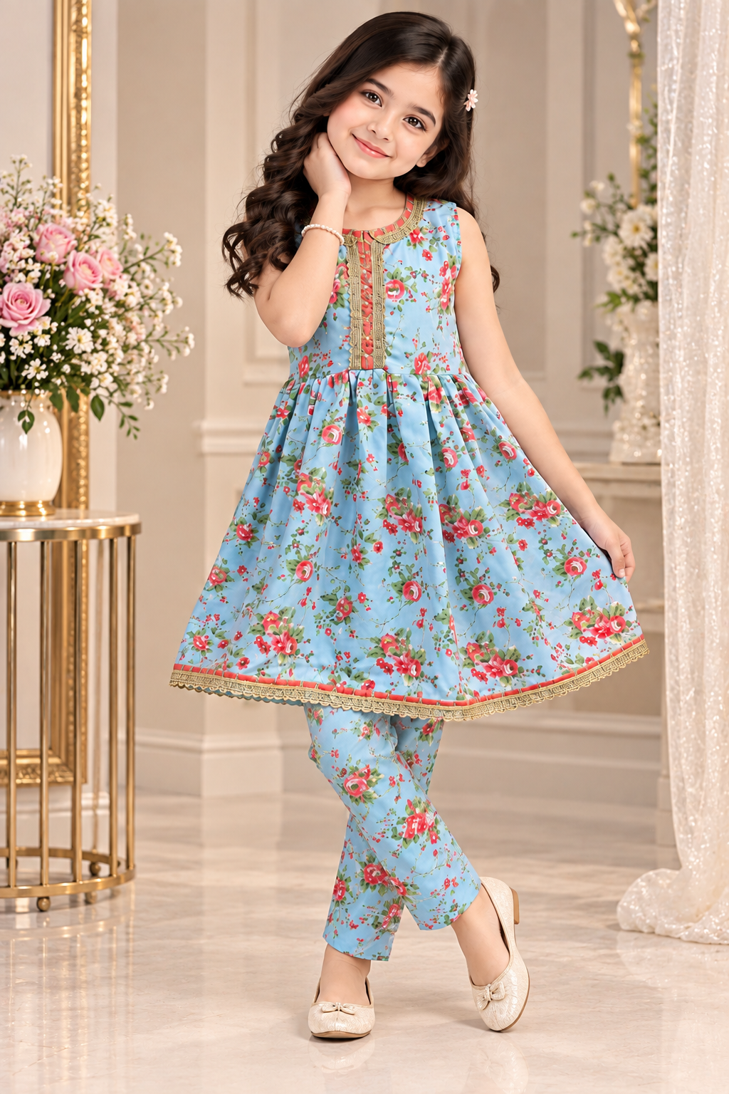 PASTEL BLUE FLORAL SWISS LAWN FROCK SET