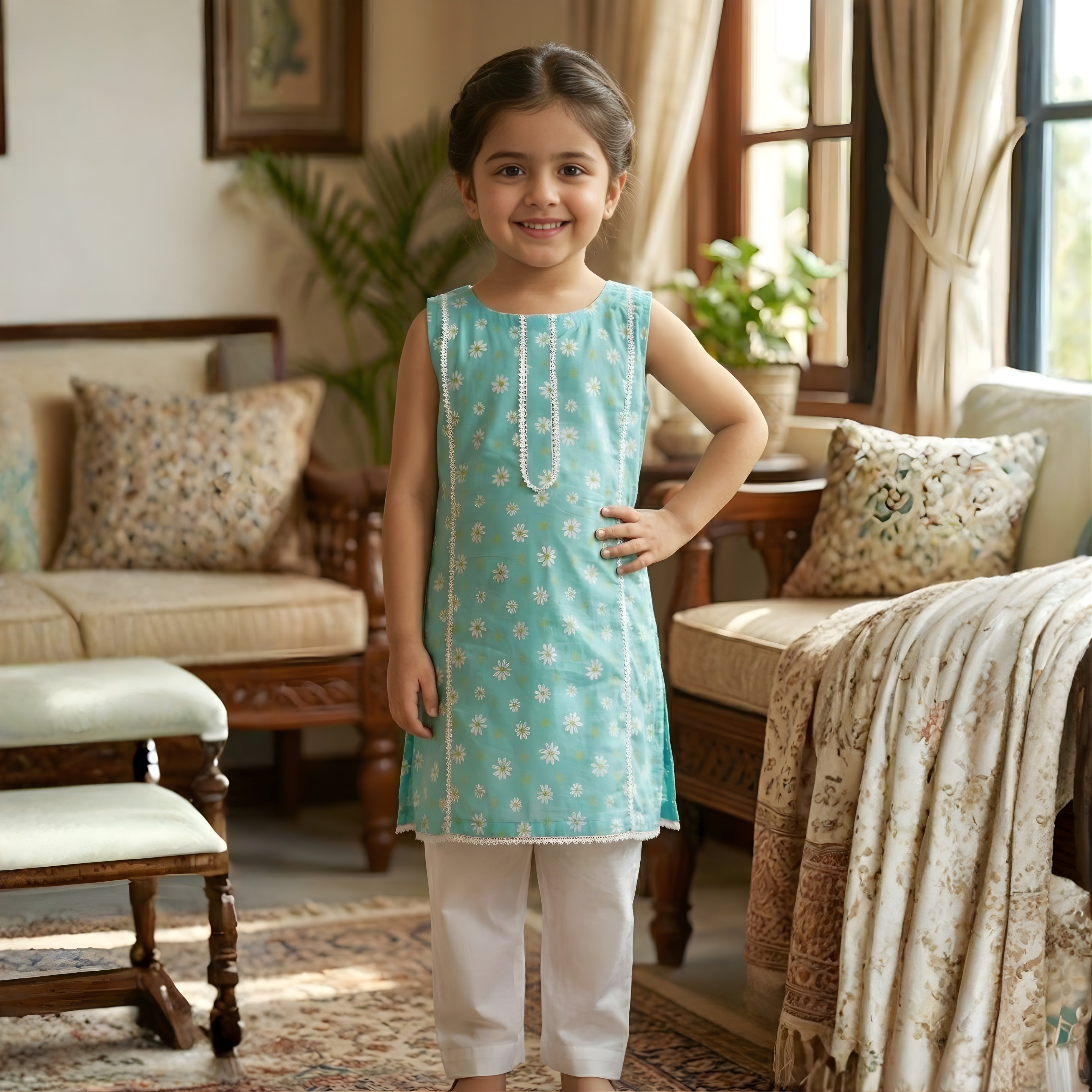 CHARMING AQUA GREEN DAISY LAWN SUIT