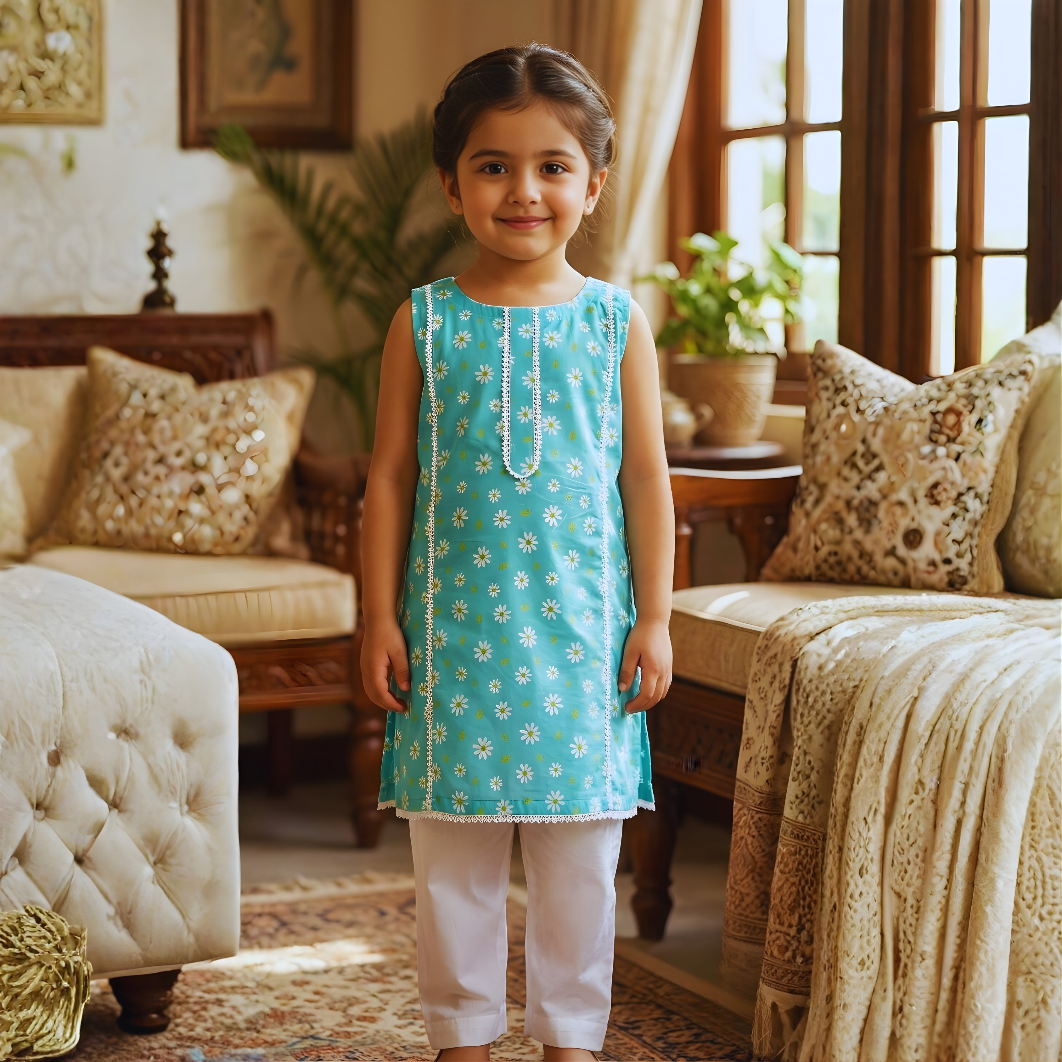CHARMING AQUA GREEN DAISY LAWN SUIT