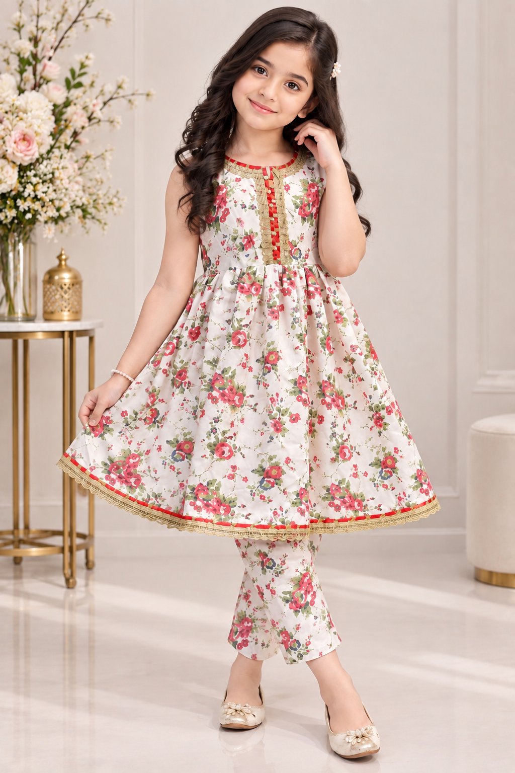 WHITE FLORAL SWISS LAWN FROCK SET