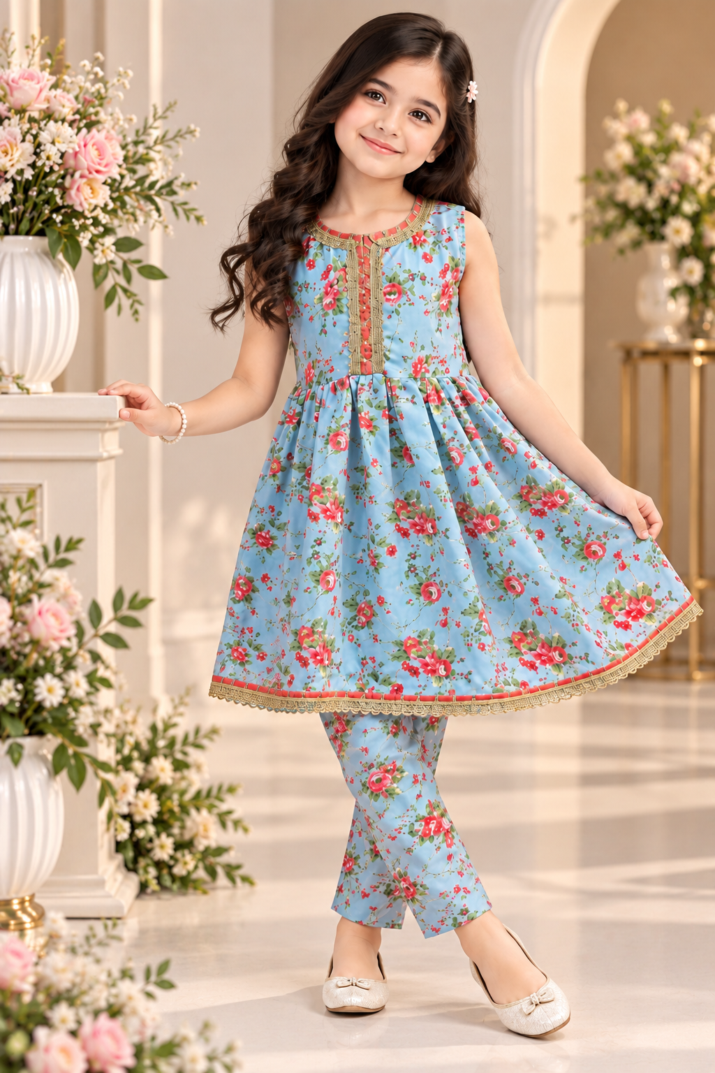 PASTEL BLUE FLORAL SWISS LAWN FROCK SET