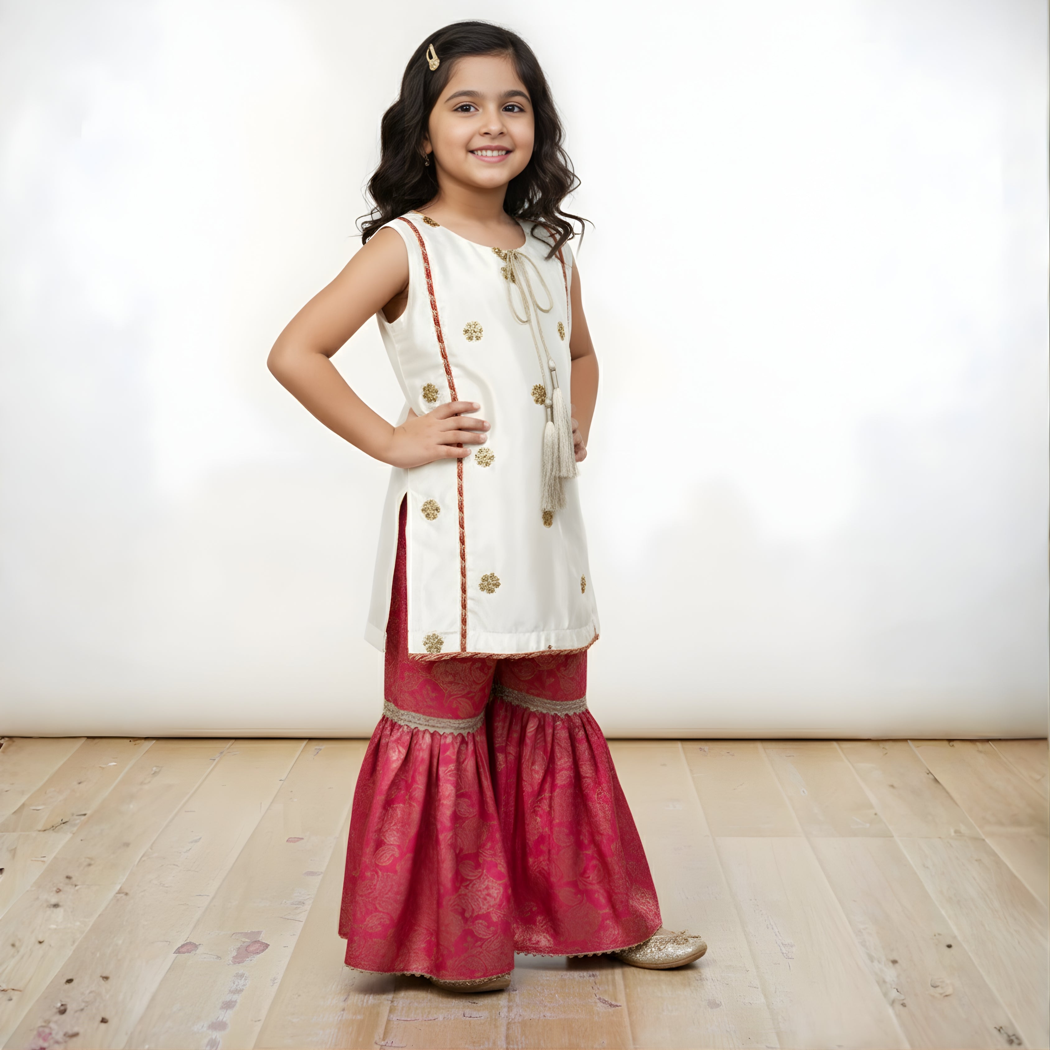 3-piece Gharara set, Shisha Silk and luxurious Jamawar.