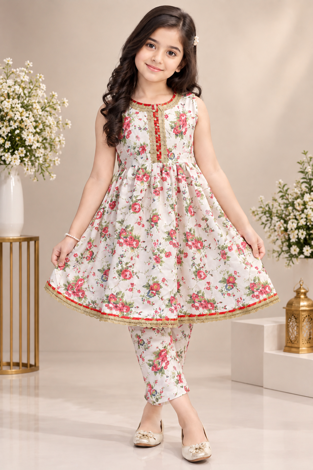 WHITE FLORAL SWISS LAWN FROCK SET