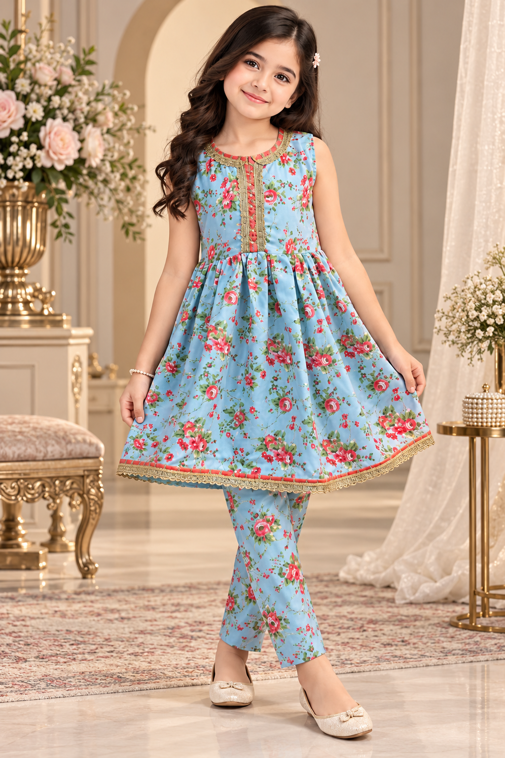 PASTEL BLUE FLORAL SWISS LAWN FROCK SET