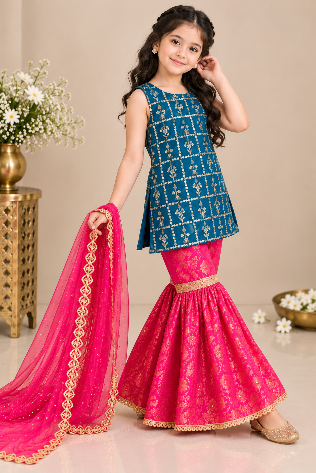 KASAB NET EMBROIDERY GHARARA SET