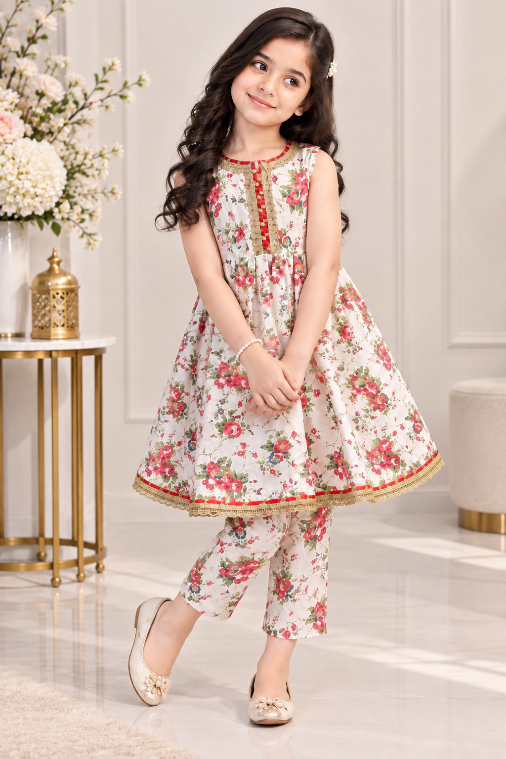 WHITE FLORAL SWISS LAWN FROCK SET