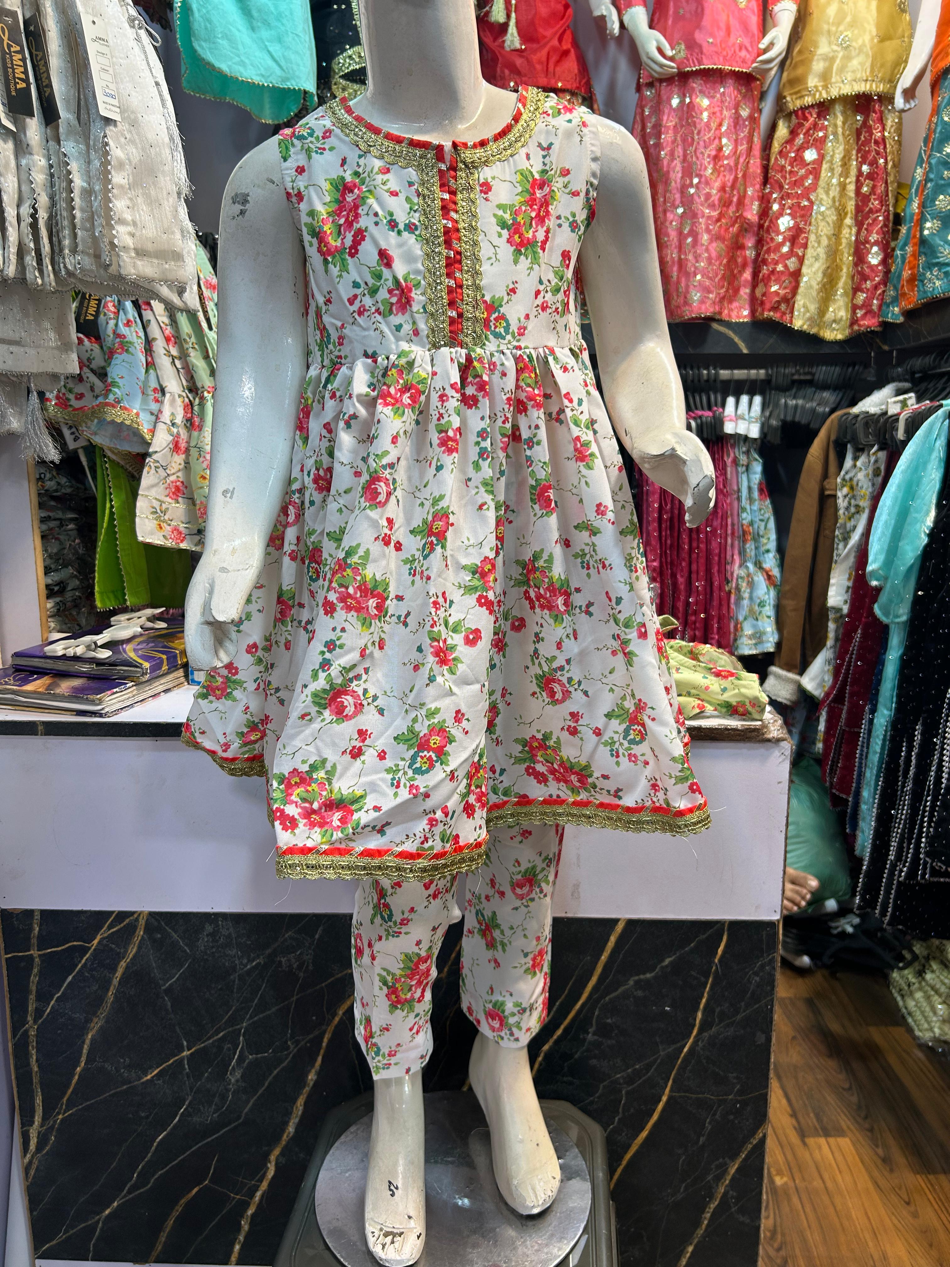 WHITE FLORAL SWISS LAWN FROCK SET