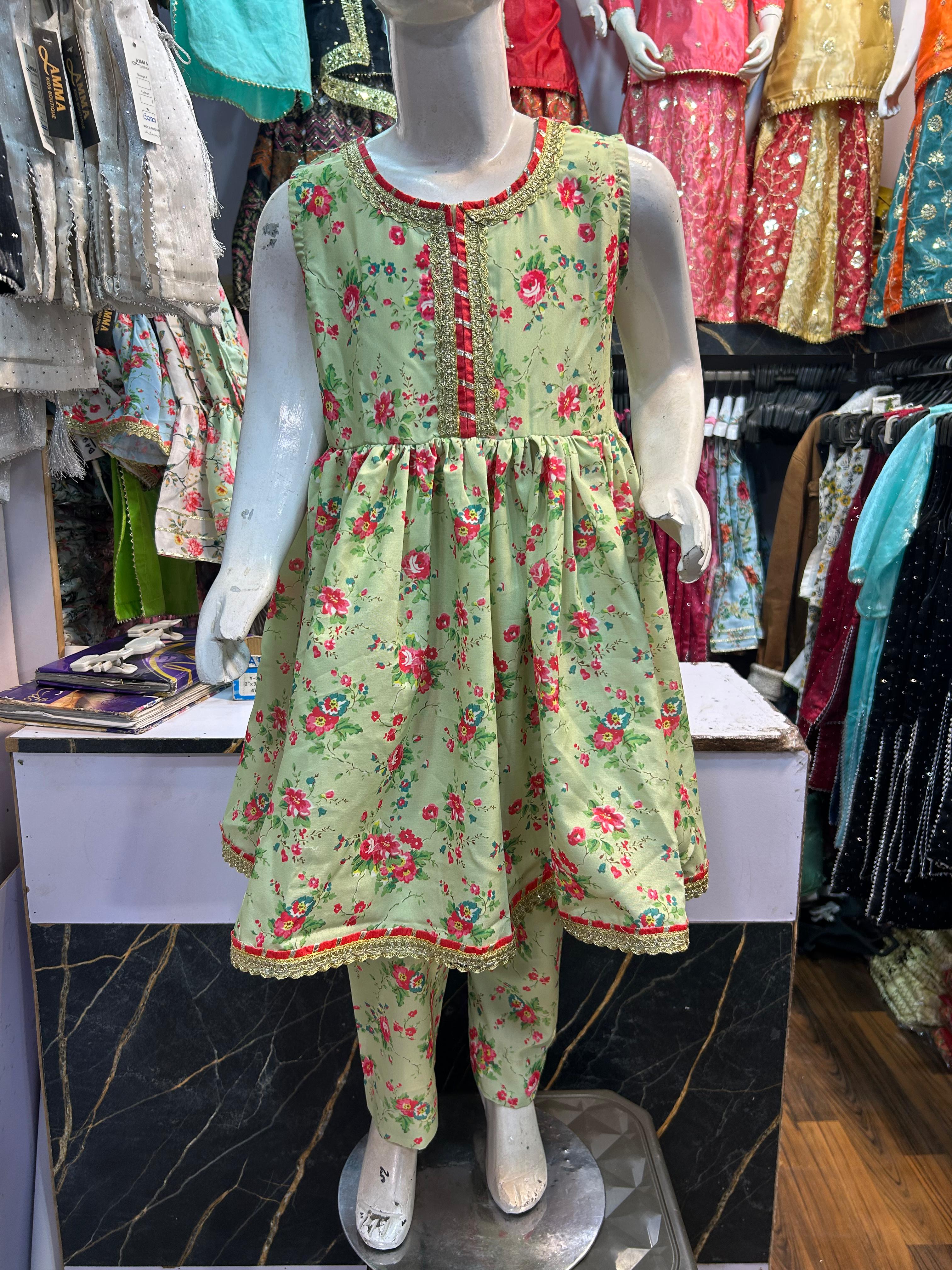 PISTA GREEN FLORAL SWISS LAWN FROCK SET
