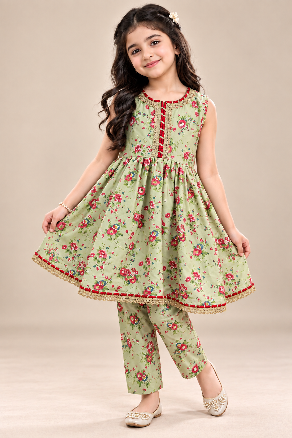 PISTA GREEN FLORAL SWISS LAWN FROCK SET