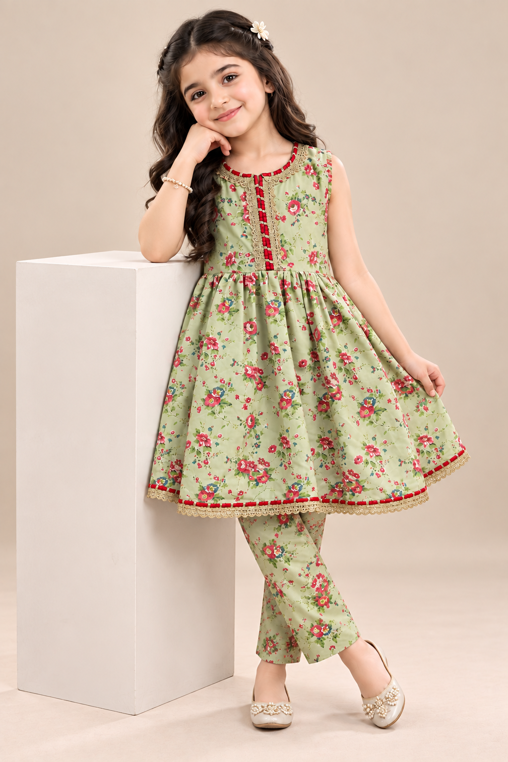 PISTA GREEN FLORAL SWISS LAWN FROCK SET
