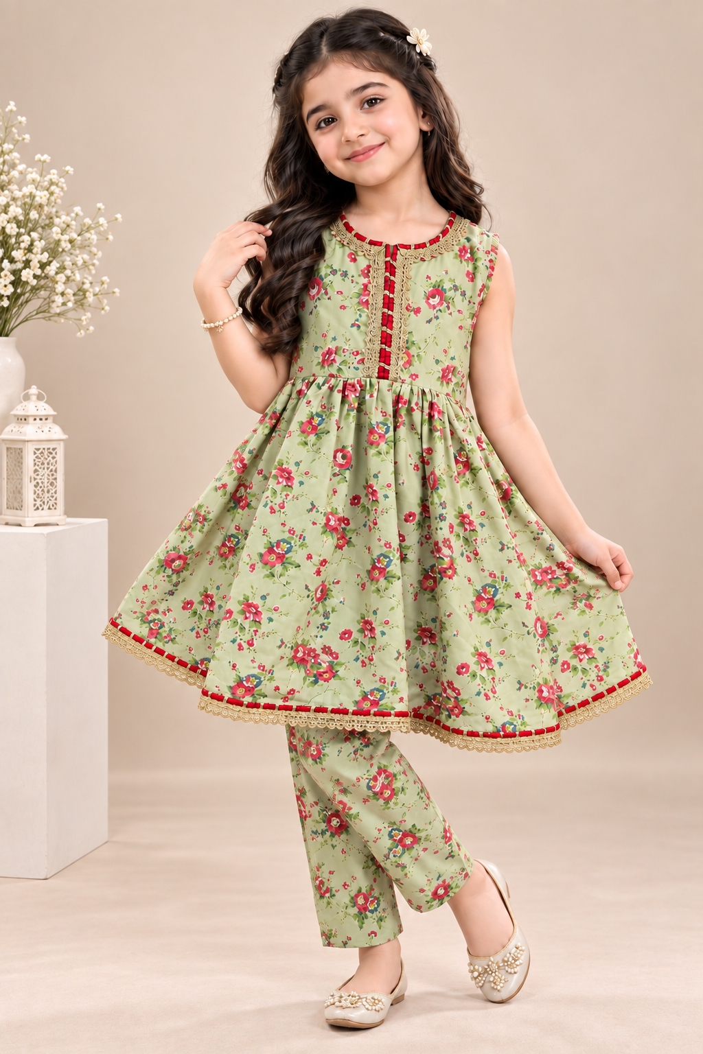 PISTA GREEN FLORAL SWISS LAWN FROCK SET